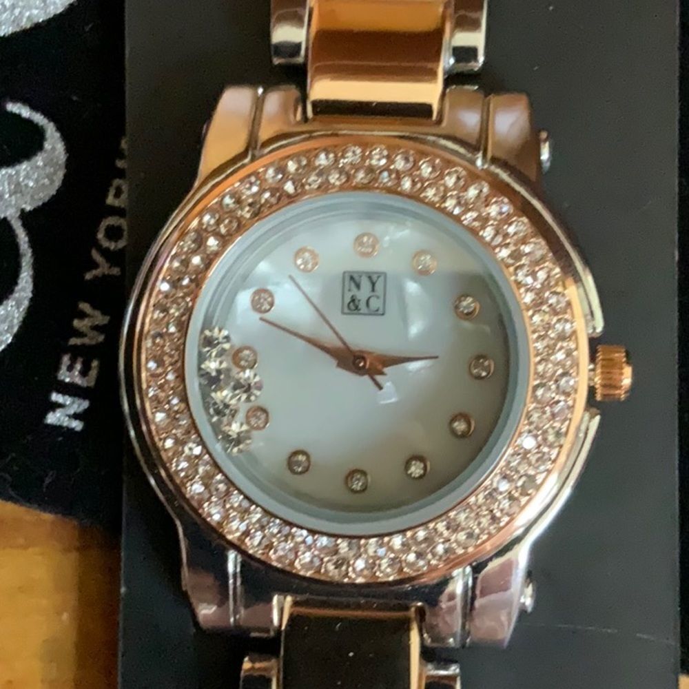 NYC & Co Rose Gold and Silver Rhinestone Watch, Removable Links, Rhinestone